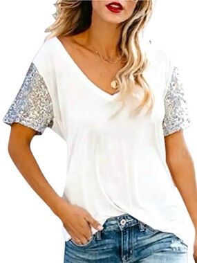 POL Oversized White V-Neck Top w/Lace Trim and Silver Sequined Short Sleeves NEW